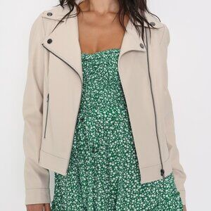 Lulus Pretty Powerful Beige Vegan Leather Puff Sleeve Moto Jacket - Size M